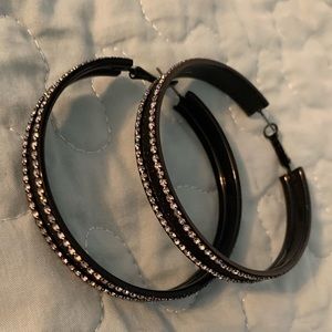 Shimmery black & rhinestone pierced hoop earrings